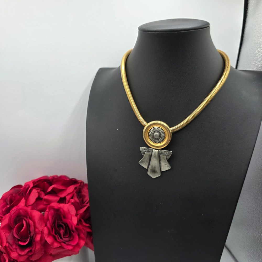 Ben Amun Vintage Mixed Metal Art Deco Pendant Snake Chain Necklace Gold Silver